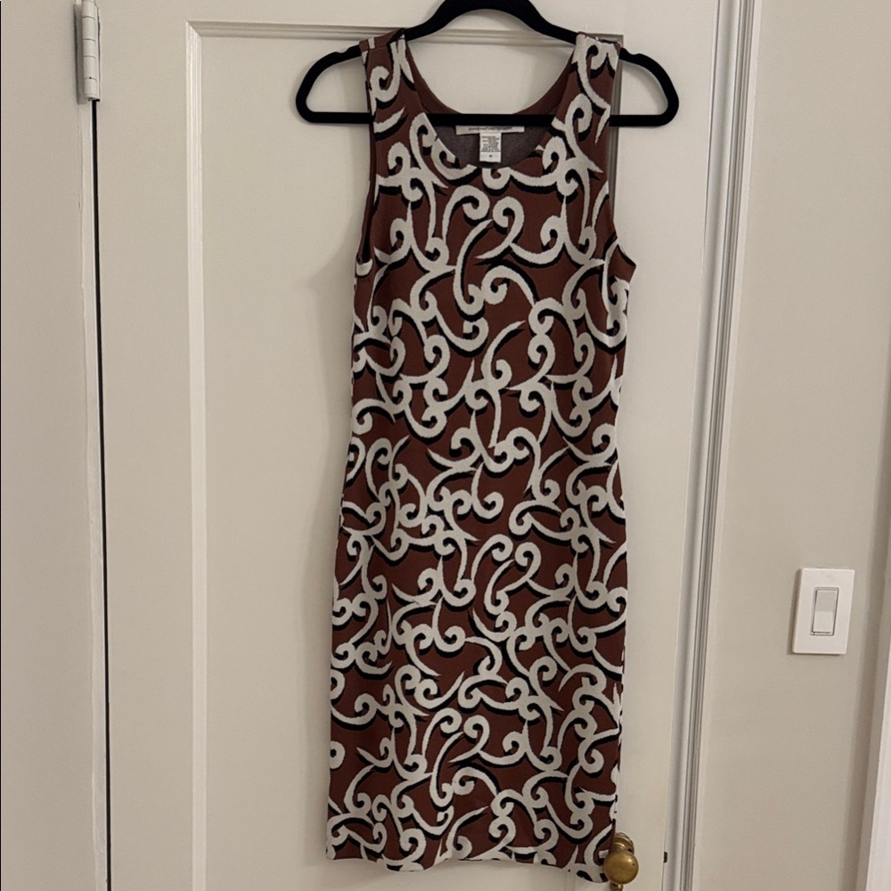 Diane Von Furstenberg (DVF) Brown and White Swirl Midi Dress